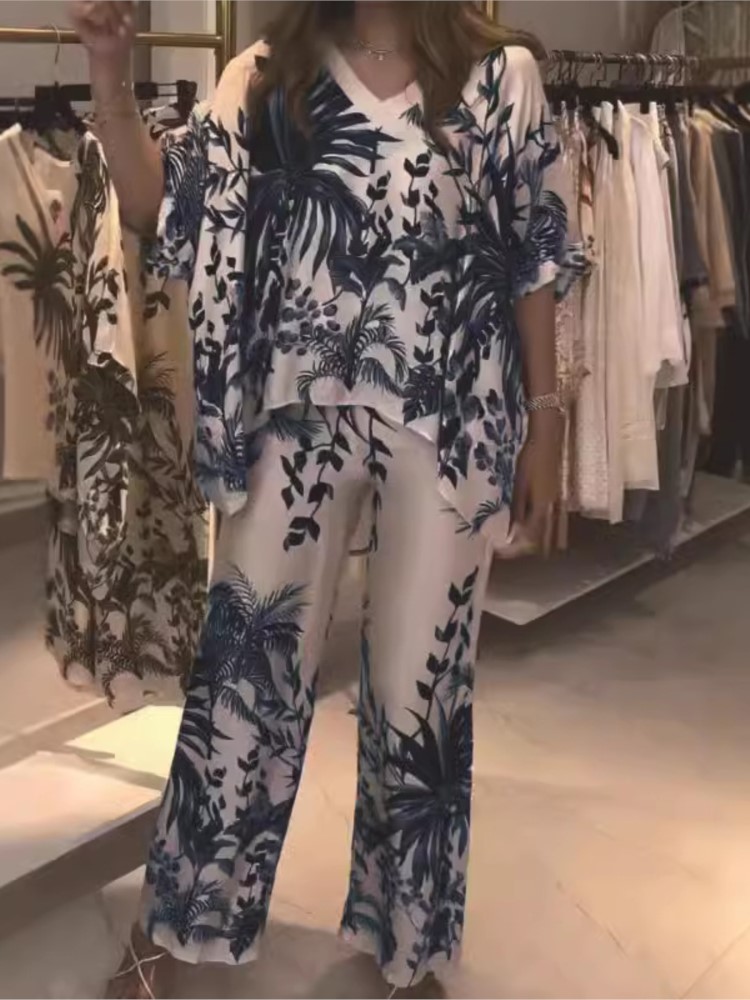Romper Floral Print - ชุดสูททำงานสองชิ้นที่สง่างาม2024ผู้หญิงชุด2ชิ้นเสื้อและกางเกงขาม้าคอวีแขนสั้นแฟชั่นสำหรับผู้หญิง